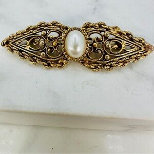 Vintage Filigree Bar Brooch Pin Faux Pearl Gold Tone Romantic Dainty Coquette